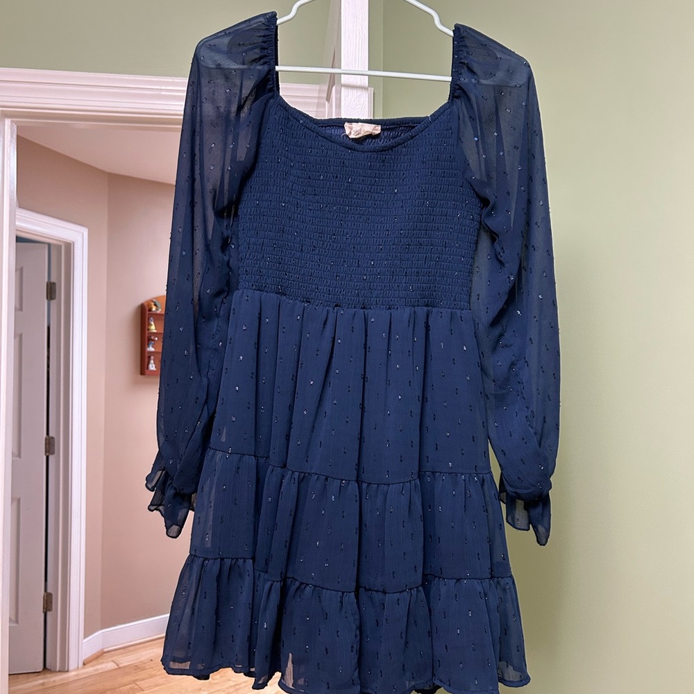 Altar'd State Navy Smocked Tiered Long-Sleeve Dress